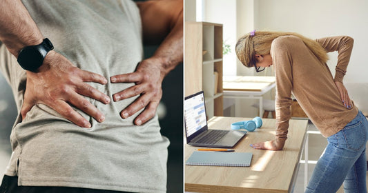 On the left, a person in a gym holds their lower back in pain; on the right, a woman leans over a desk at home, clutching her lower back.
