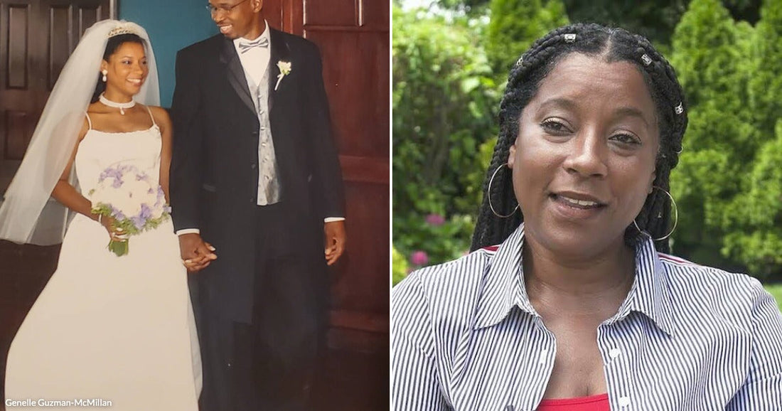 On the left, a bride and groom hold hands and smile in a formal indoor setting; on the right, a woman with braids smiles outdoors in a green garden.