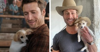 On the left, a man in plaid holds a fluffy puppy indoors; on the right, a smiling man in a cowboy hat holds a small puppy wearing a matching hat.