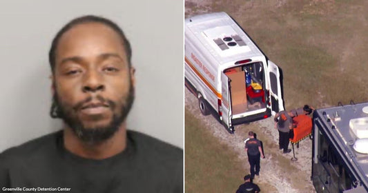 On the left, a bearded man in a dark shirt poses against a gray background; on the right, emergency personnel work near a disaster response van outdoors.