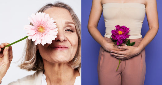 On the left, an older woman holds a pink flower over her eye; on the right, a person in a crop top holds a magenta peony at their waist.