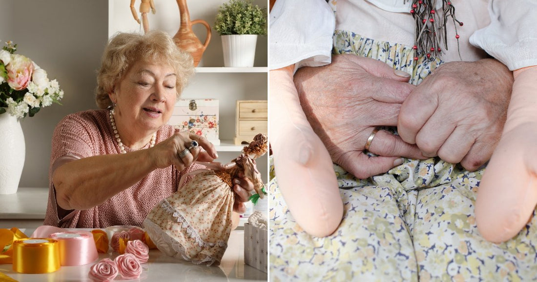 On the left, an older woman crafts a handmade doll at a decorated table; on the right, elderly hands hold a fabric doll on a lap.
