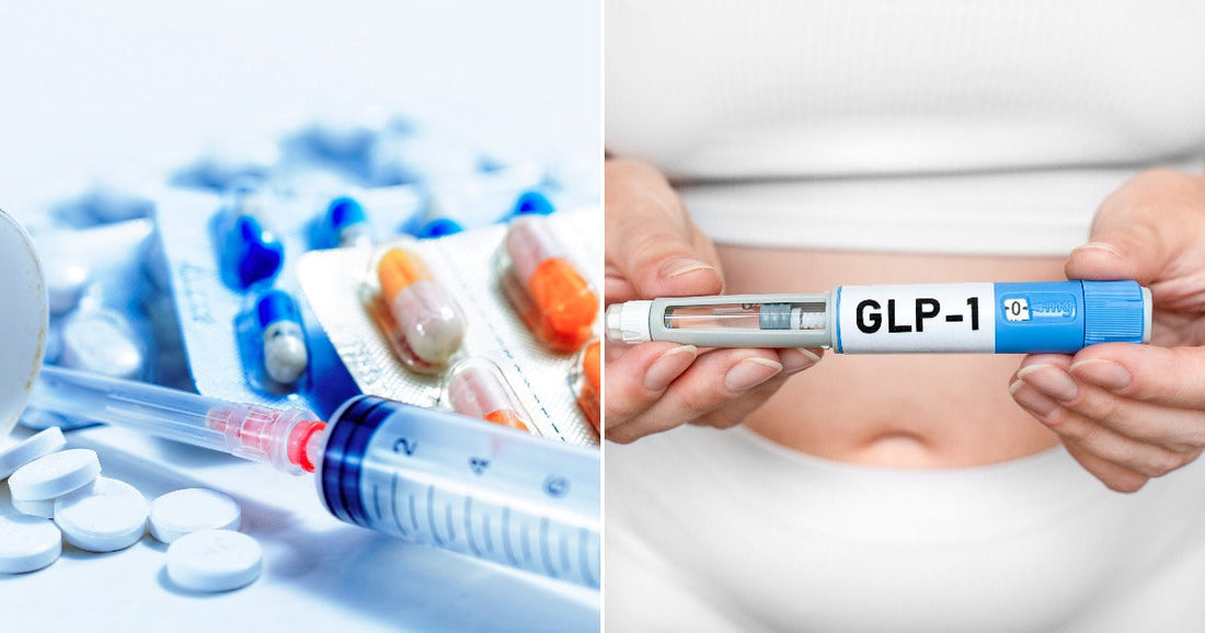 On the left, pills, capsules, and a syringe are scattered on a white surface; on the right, a person holds a GLP-1 injector pen.