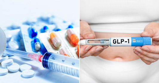 On the left, pills, capsules, and a syringe are scattered on a white surface; on the right, a person holds a GLP-1 injector pen.
