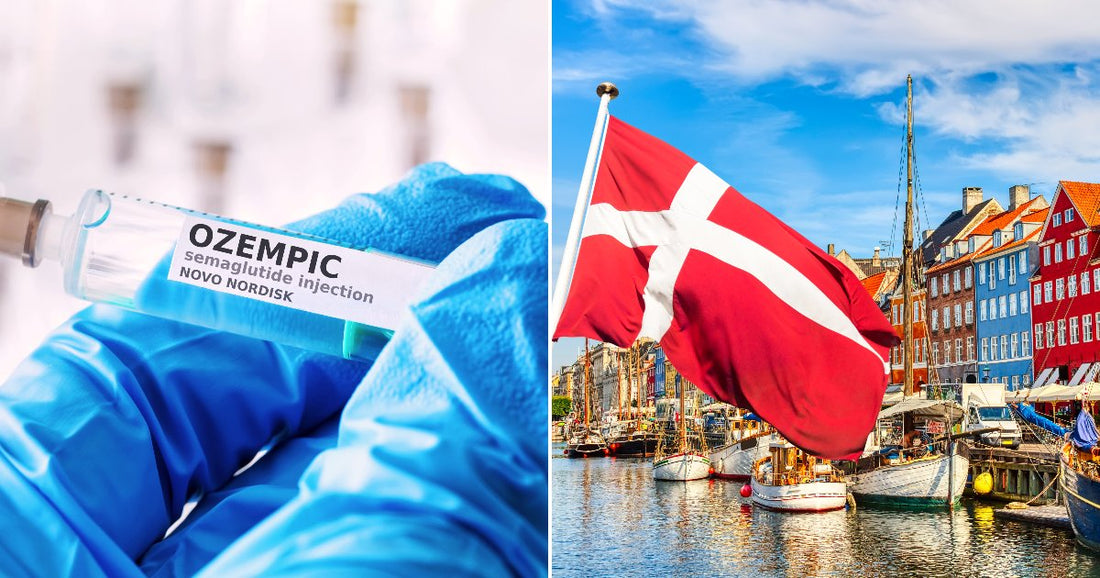 On the left, a gloved hand holds an Ozempic semaglutide injection syringe; on the right, colorful buildings and boats line a Danish harbor with a red-and-white flag flying.