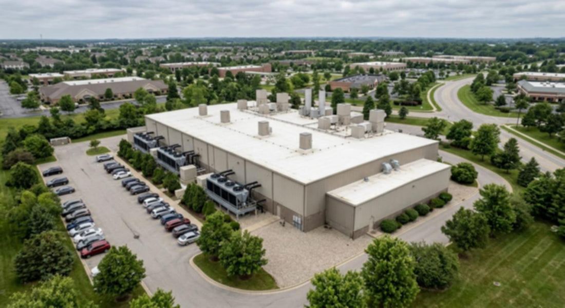 Aerial view of a large industrial building surrounded by green trees and parking.