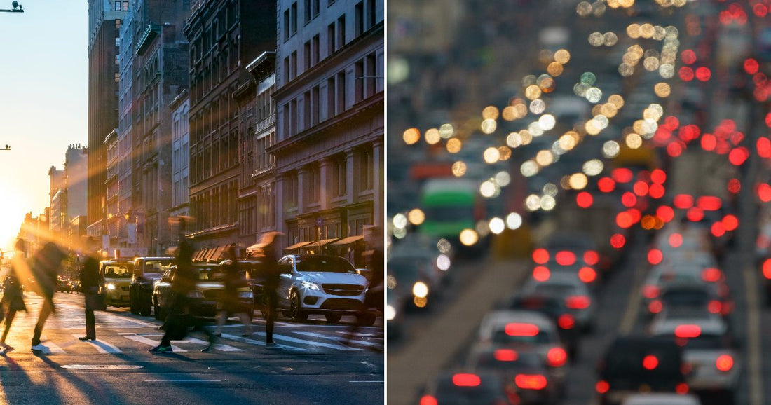 On the left, pedestrians cross a sunlit city street at golden hour; on the right, heavy traffic stretches down a boulevard, its headlights and taillights blurred into colorful bokeh circles.