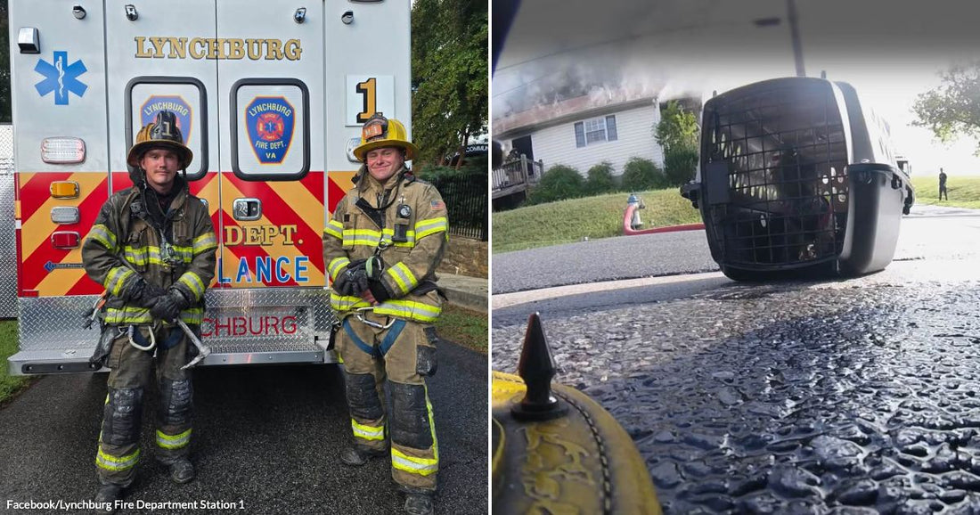 On the left, two soot-covered firefighters pose before a Lynchburg Fire Department ambulance; on the right, a pet carrier sits outside a smoke-filled house fire.