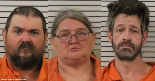 Three individuals in orange jail jumpsuits pose for mugshots against a striped background, appearing to be under arrest.