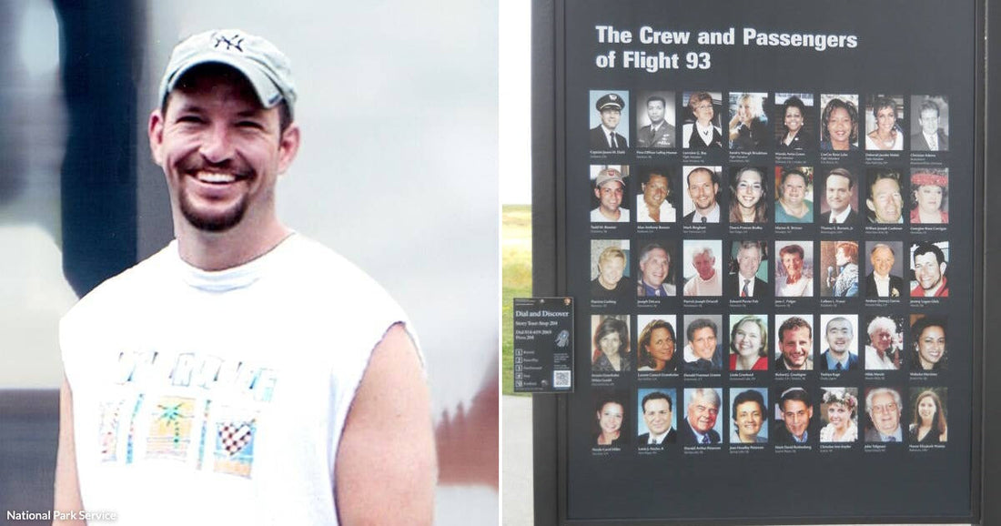On the left, a muscular man in a sleeveless shirt and cap smiles outdoors; on the right, a memorial board displays crew and passenger photos from Flight 93.