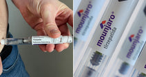 On the left, a person injects a Tirzepatid KwikPen into their abdomen; on the right, multiple Mounjaro tirzepatida injectable pens are displayed in a row.