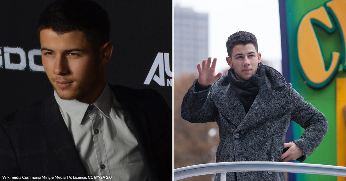 On the left, a young man in a dark suit poses at an event; on the right, a young man in a gray coat waves during an outdoor parade.