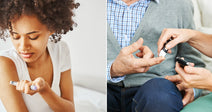 On the left, a young woman self-administers an injection into her upper arm; on the right, a healthcare worker performs a finger-prick blood glucose test on an older man.