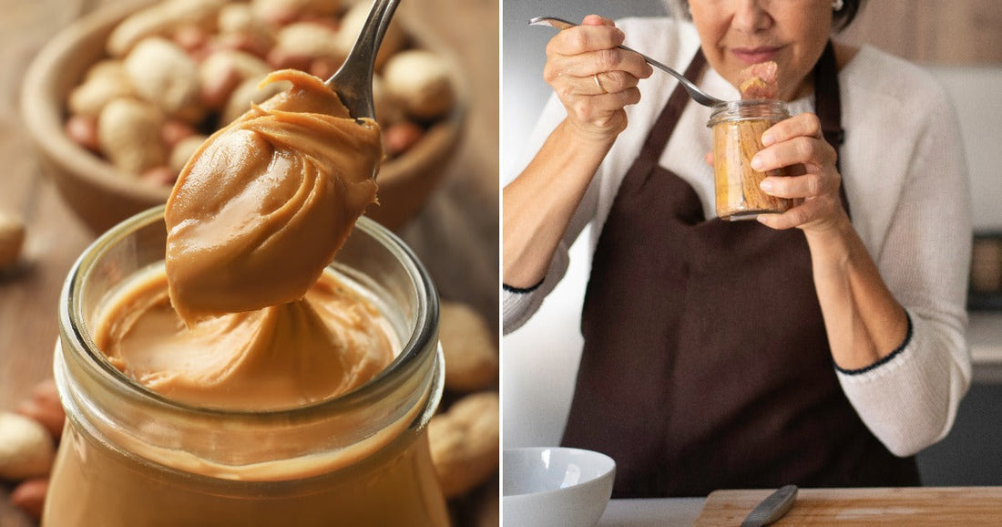 On the left, a spoon lifts creamy peanut butter from a jar; on the right, a woman in an apron scoops from a small jar in a kitchen.
