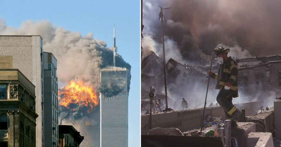 On the left, two skyscrapers burn with a massive fireball and dark smoke billowing; on the right, a firefighter walks through smoking rubble and destruction.