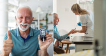 On the left, a smiling older man gives a thumbs-up while holding a glucose meter; on the right, a nurse checks an older man's hand indoors.