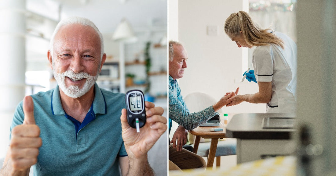 On the left, a smiling older man gives a thumbs-up while holding a glucose meter; on the right, a nurse checks an older man's hand indoors.