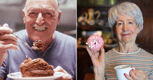 On the left, a smiling elderly man with a mustache eats chocolate cake; on the right, an older woman with gray hair holds a pink donut and coffee.