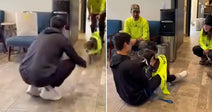 On the left, a person in a black hoodie crouches toward a small dog wearing a yellow vest in an indoor hallway; on the right, the same person sits on.