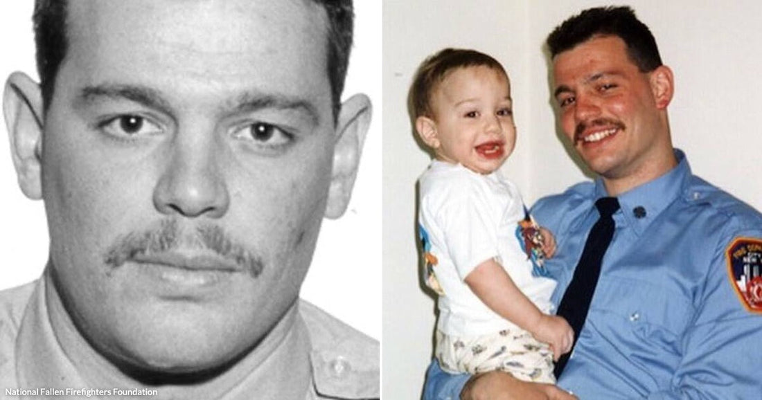 On the left, a mustachioed man in a uniform poses for a black-and-white portrait; on the right, a smiling mustachioed man in a blue FDNY uniform holds a laughing toddler.