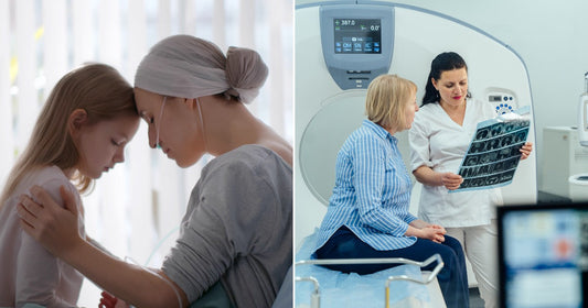 On the left, a woman in a headscarf embraces a young girl in a hospital room; on the right, a doctor reviews scans with a patient near an MRI machine.