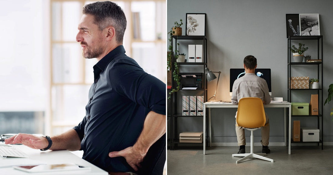 Left, a man sitting at a desk holds his back in discomfort.. Right, a man sitting at a desk, working at a computer.