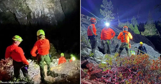 On the left, search-and-rescue workers in red shirts and neon helmets stand inside a dark cave; on the right, similarly dressed rescuers with headlamps stand on rocky terrain at night.