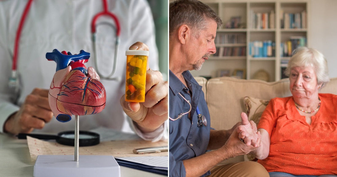 On the left, a doctor holds a heart model and pill bottle at a desk; on the right, a male doctor consults an elderly woman on a sofa.