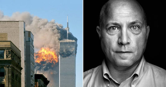 On the left, the Twin Towers burn with massive flames and smoke; on the right, a bald middle-aged man in a collared shirt poses seriously.