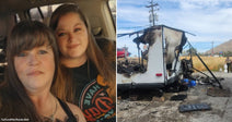 On the left, two women sit together in a vehicle; on the right, a badly burned a