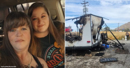 On the left, two women sit together in a vehicle; on the right, a badly burned and destroyed trailer sits in an outdoor lot.