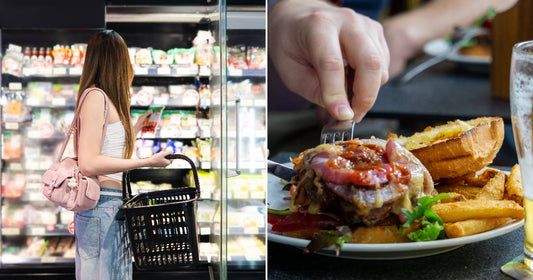 On the left, a young woman shops in a grocery store's frozen food aisle; on the right, someone cuts into a burger with fries and beer at a restaurant.