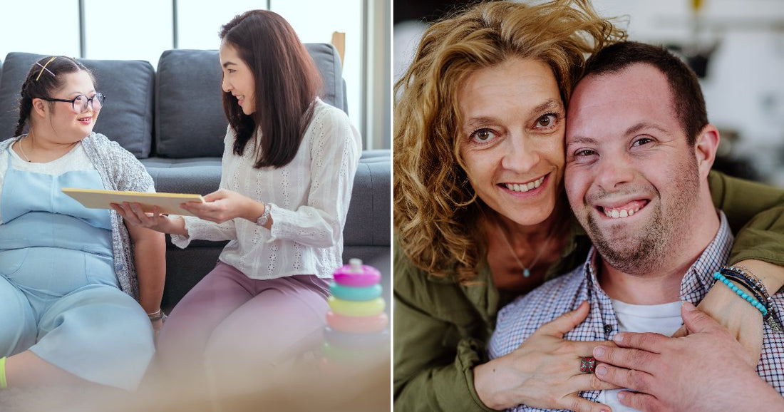 On the left, two women sit on a living-room floor sharing a book; on the right, a curly-haired woman embraces a smiling bearded man from behind.