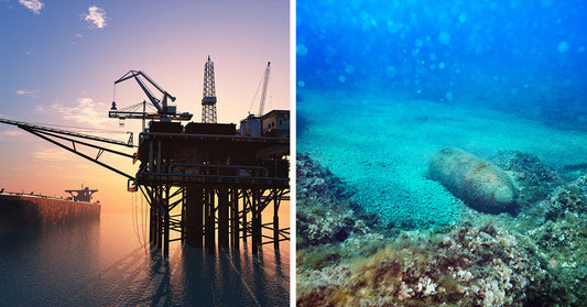 An offshore oil platform at sunset is shown beside an underwater seabed with a large metal object resting on the ocean floor.