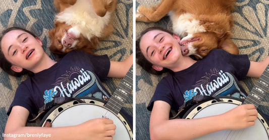 Split image of a smiling girl lying on the floor with a banjo while an upside-down brown-and-white dog cuddles close to her face and grins beside her.