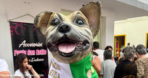 A statue of a smiling dog wearing a green bandana is displayed at a public event with people gathered in the background.