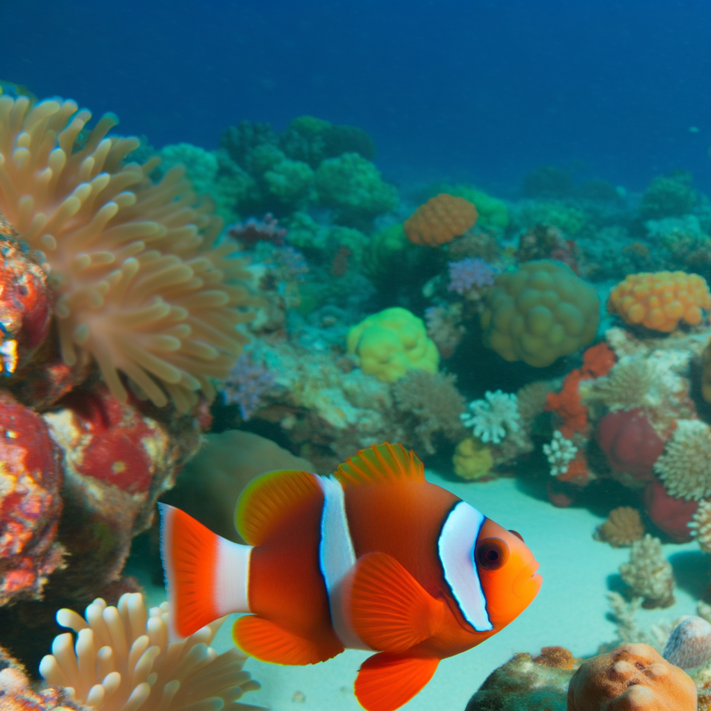 Shrinking clownfish swimming near coral reef