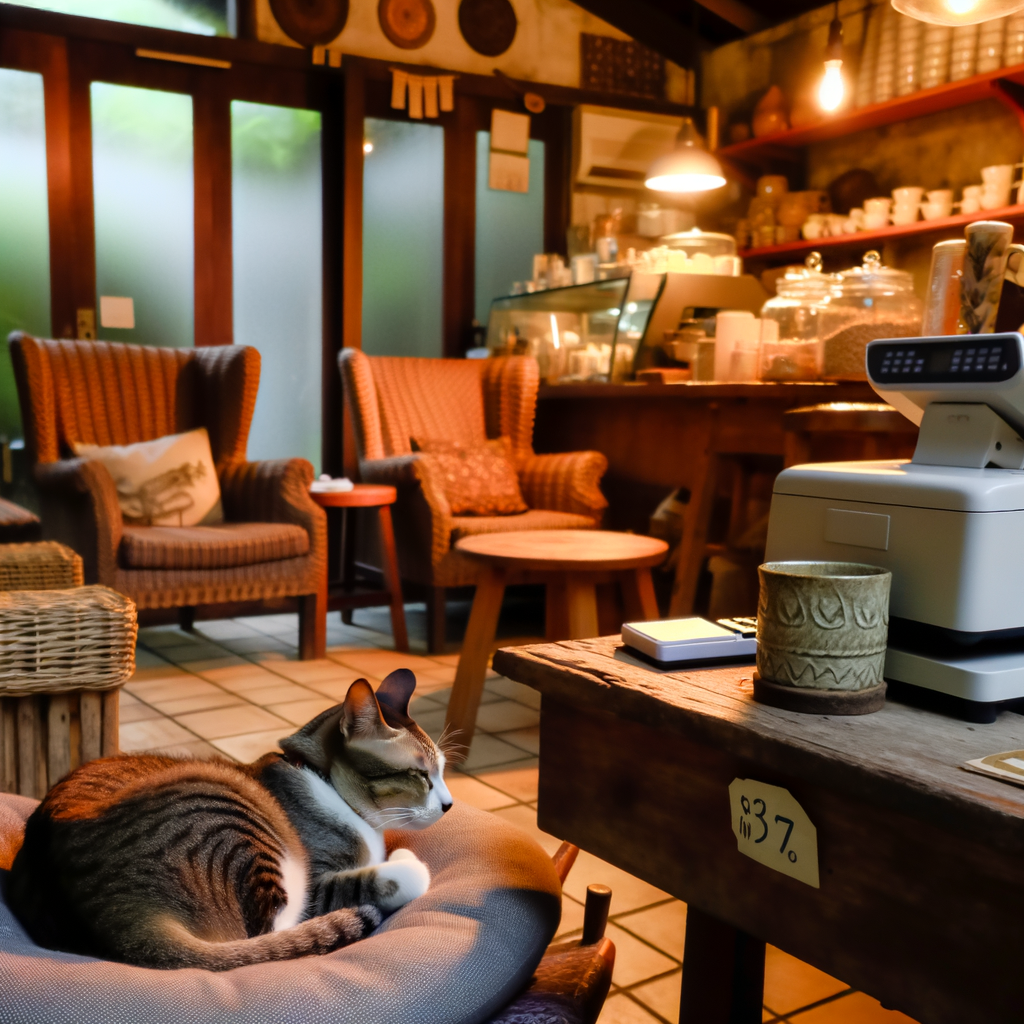 Cat resting peacefully in a cozy cafe