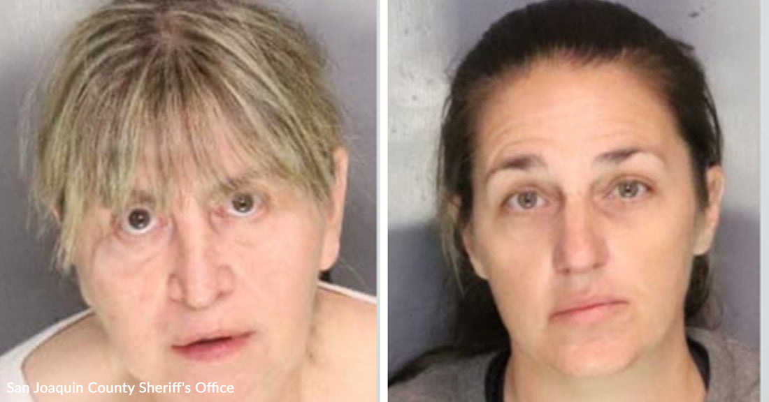 Split image showing two separate mugshot-style photos of two women.