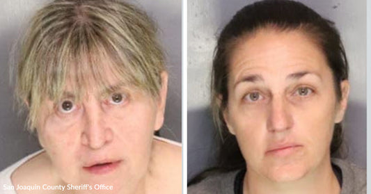 Split image showing two separate mugshot-style photos of two women.