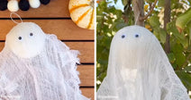 Left: Handmade ghost decoration crafted from cheesecloth and a round base with googly eyes, resting on a wooden surface with fall-themed decor. Right: DIY ghost decoration made of white cheesecloth and googly eyes hanging from a tree branch outdoors.