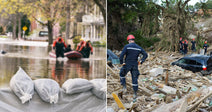 On the left, sandbags line a flooded suburban street where rescue workers navigate a rubber boat; on the right, emergency responders search through debris-strewn flood destruction amid overturned vehicles.