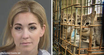 Split image showing a woman’s mugshot on one side and two kittens confined in a cage on the other.