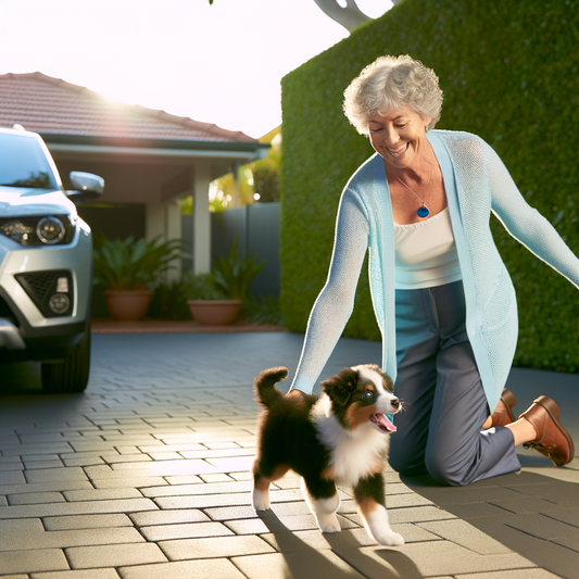 Woman playing with a puppy in her driveway.