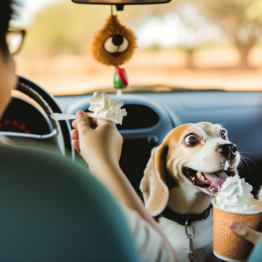 Person and dog enjoying dessert in a car.