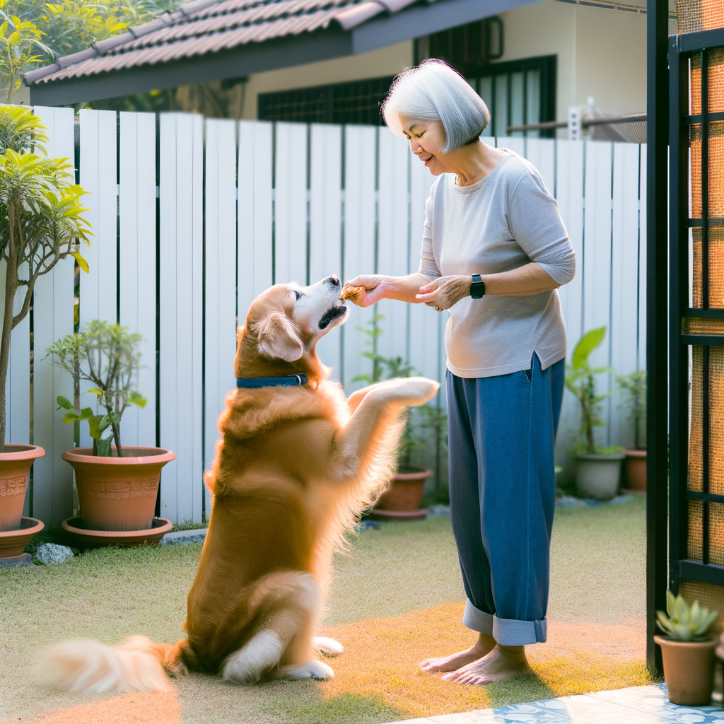 Woman feeding a golden retriever in a garden.
