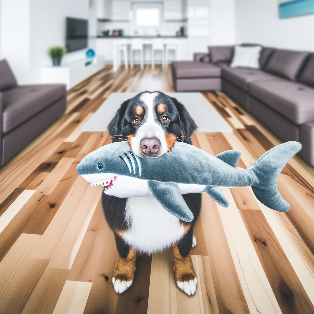 A dog holding a plush shark toy indoors.