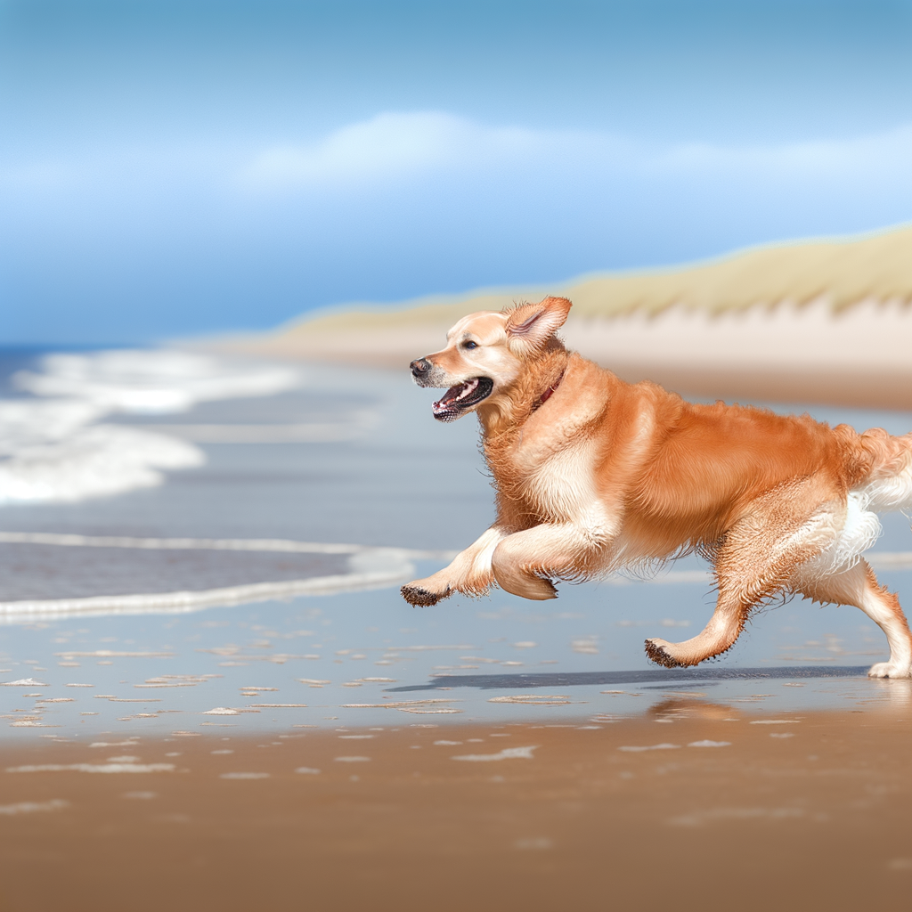 A golden retriever happily running along the beach.