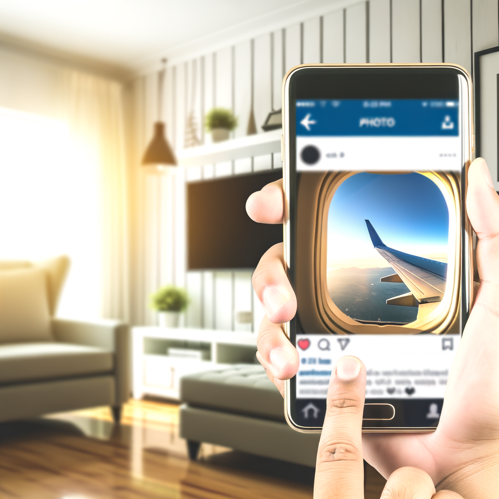 Hand holding a phone showing an airplane wing photo.