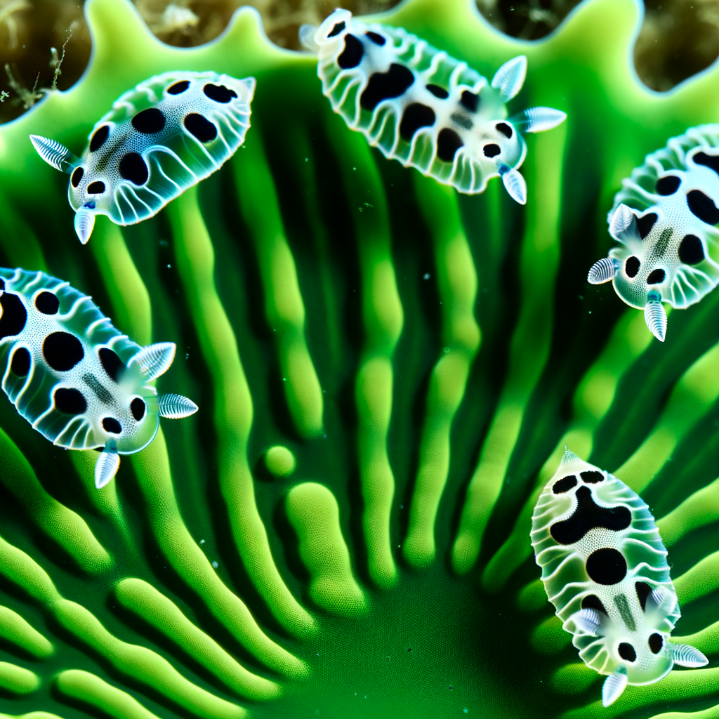 Colorful sea slugs on vibrant green coral.